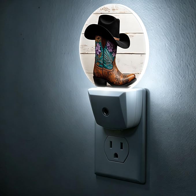 Nightlight Cowboy Boots Night Lights Plug Into Wall Auto Sensor | Rustic Western Night Light Dusk to Dawn Led Sleep Round Lamp for Living Room Hallway Stairs