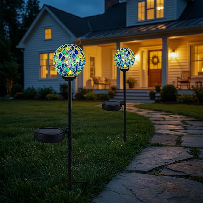VCUTEKA Decorative Solar Garden Lights, 3.5" Mosaic Globe Outdoor Stake | Mosaic Glass Globe Design, Solar LED Light, Waterproof Design, Auto On/Off and Metal Stake Design for Lawn and Patio