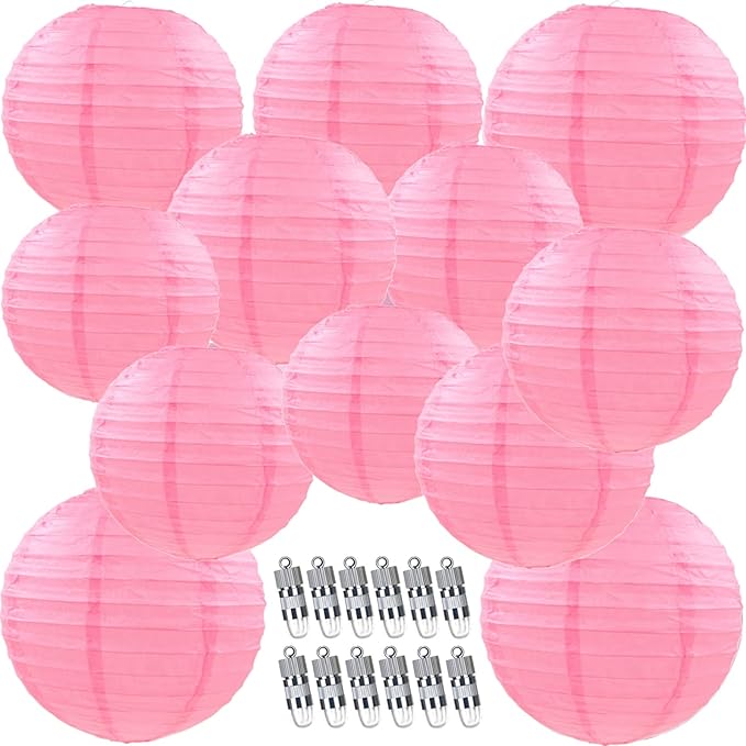 12pcs Pink Paper Lanterns with 12pcs White LED Lights, 6" 8" 10" 12" Round Hanging Chinese/Japanese Ball Lantern for Valentine's Day Easter Wedding