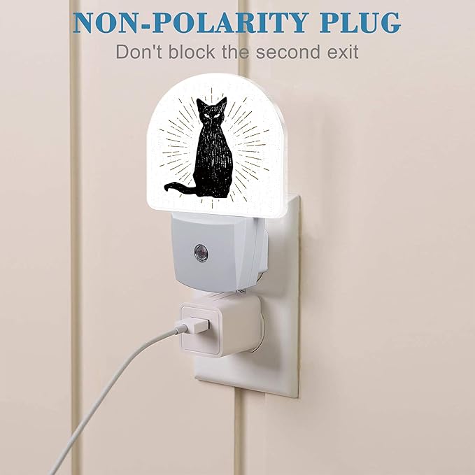 Hand Drawn Black Cat Night Light Plug into Wall with Dusk to Dawn Sensor Cute Nightlight for Kid Girls Boys Women Men Room Decor, Hallway, Kitchen, Bathroom, Nursery, Stairs
