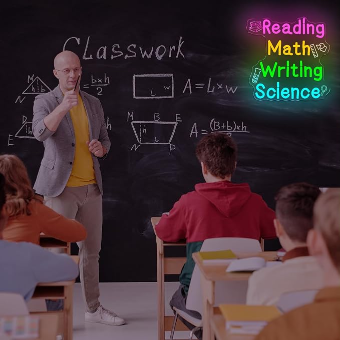 Reading Math Writing Science Neon Sign Dimmable Classroom Neon Light for Reading Room Bedroom Classroom LED Sign for Wall Decor Colorful Kids LED Light Gifts for Teachers Classroom Backdrop Aesthetic Decoration