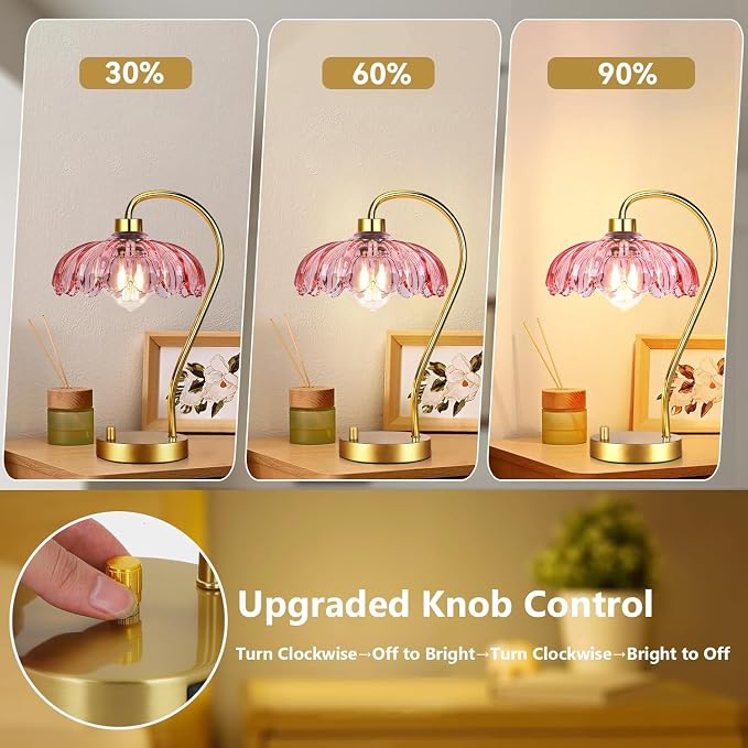 ILLMTW Pink Table Lamp Set of 2,Small Gold Bedside Lamps Dimmable Flower Bedroom Lamp with Glass Lamp Shade,Boho Vintage Mid Century Modern Mini Nightstand Lamp for Bedroom Living Room