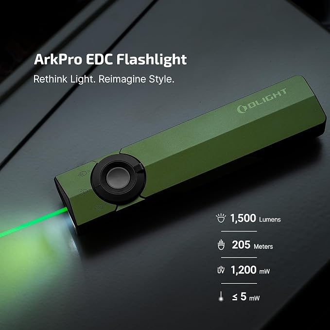 OLIGHT ArkPro EDC Flat Flashlight Rechargeable, Pocket Light, OD Green CW | Green Beam, White LED, UV Flashlight, 1500 Lumens Flash Light, USB-C Magnetic, Camping Lights for Emergency Work Outdoor Home