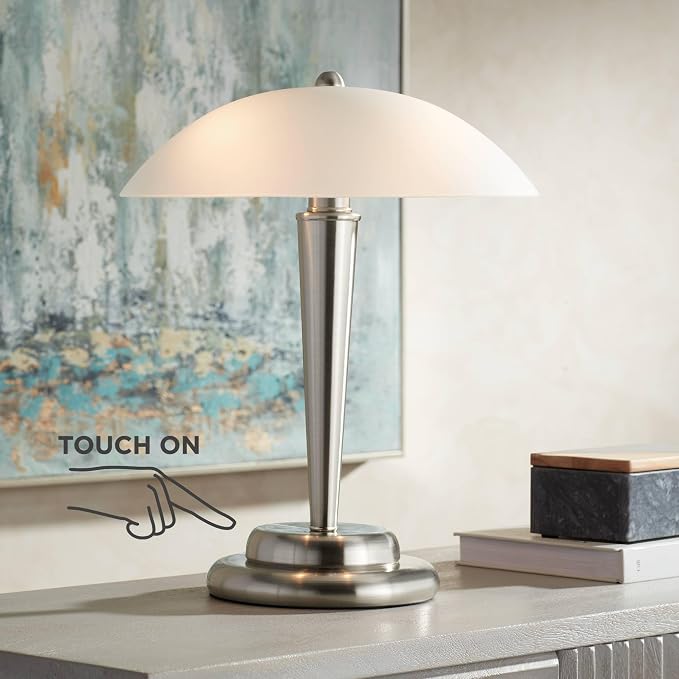 Deco Dome 17" Small Table Lamp Touch On-Off Accent Brushed Nickel | Frosted White Glass Modern Living Room Bedroom House Bedside Nightstand Home Office Reading Family