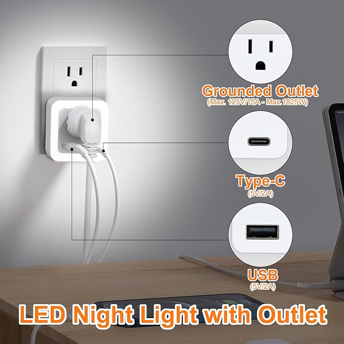 Night Lights Plug Into Wall 2 Pack Rechargeable Battery Backup Light Dusk to Dawn Sensor Night Light with Outlet Expander for Adults Kids Bedroom, Kitchen, and Bathroom (2, cool white, 5000K)