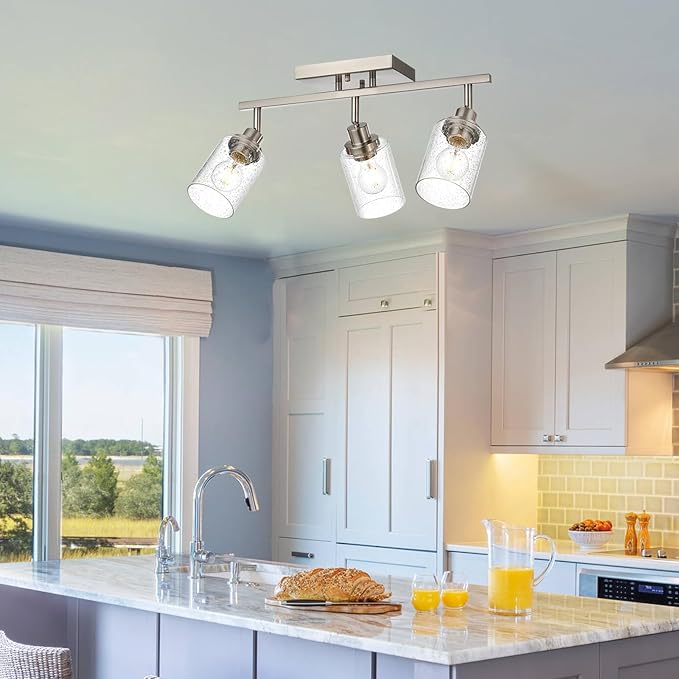 3-Light Brushed Nickel Kitchen Track Lighting Fixtures Ceiling Mount Track Lighting Kit with Bubble Seeded Glass Shade Modern Bathroom Tracking Vanity Lights Ceiling Tracking Accent Shop Light