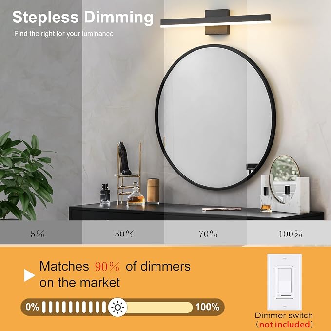 Black Bathroom Vanity Light Fixture 23.6'' 20W Dimmable 5CCT LED Hardwired | Bathroom Light Fixture Over Mirror, Bathroom Wall Sconce, Rust-resistant, ETL Certificated, 2700K/3000K/3500K/4000K/5000K
