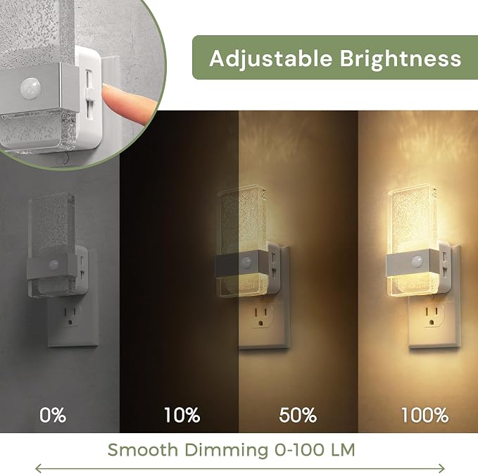 L LOHAS LED Motion Sensor Night Light, Night Light Plug Into Wall 2 Pack | Silver Nightlight, Motion Activated and Dusk to Dawn Sensor, 0-100LM Dimmable, Warm White Nightlights for Bathroom, Hallway