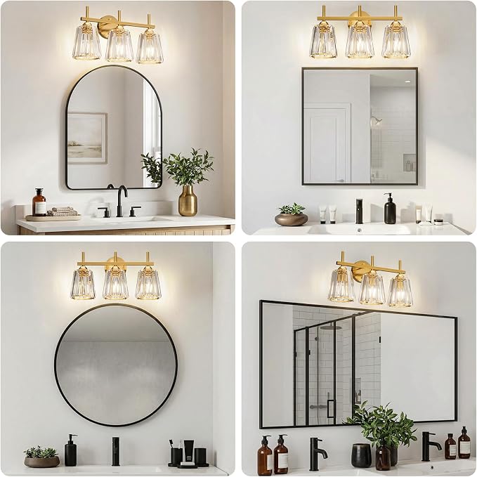 Crystal Bathroom Light Fixtures Over Mirror, Gold 3-Light Bathroom Vanity Lights Over Mirror Modern Wall Lighting Sconces with Ceramic E26 Base (Bulbs Not Include)