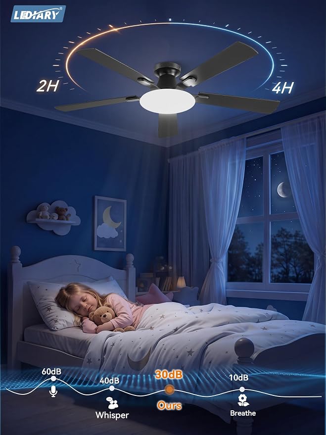 LEDIARY 52 Inch Flush Mount Ceiling Fans with Lights, Remote & APP Control | Bright Light, 3CCT, Memory Function, Timer, Reversible Blade, Quiet DC Motor, Damp-Rated, Living Room, Bedroom, Covered Patio