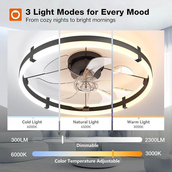 addlon 24" Low Profile Fandelier Ceiling Fans with Lights and Remote, Black | Wider Airflow, 3000-6000K Dimmable LED, 6 Speeds, Reversible DC Motor, Remote and App Control, Memory Function, Timer, Quiet
