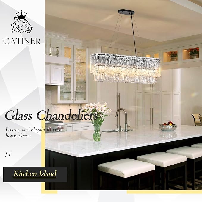 Black Rectangle Chandeliers for Dining Room Modern Crystal Glass Island Light 6-Light Chandelier Luxury Rectangular Linear Hanging Pendant Light Fixture for Kitchen L35.5”