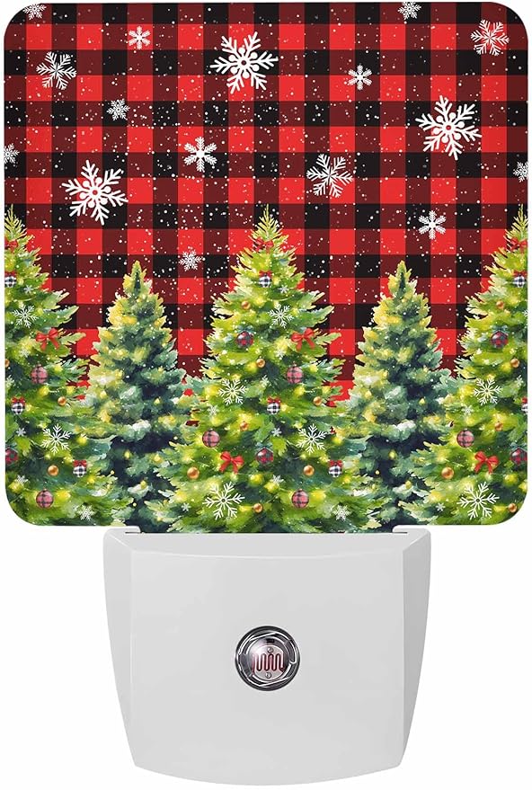 Christmas Night Lights Plug into Wall LED Night Light Christmas Tree with Bow Snowflake Red Plaid Automatic Dimmable Dusk-to-Dawn Square Shaped Smart Nightlight for Bathroom/Bedroom