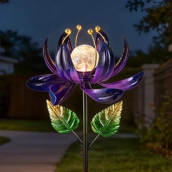 AIINY Solar Purple Metal Flower Wind Spinners, Colorful Spinning Windmill Lotus Yard Art Lights with LED Crystal Ball Decorative Stake Lighting Flower Sculpture