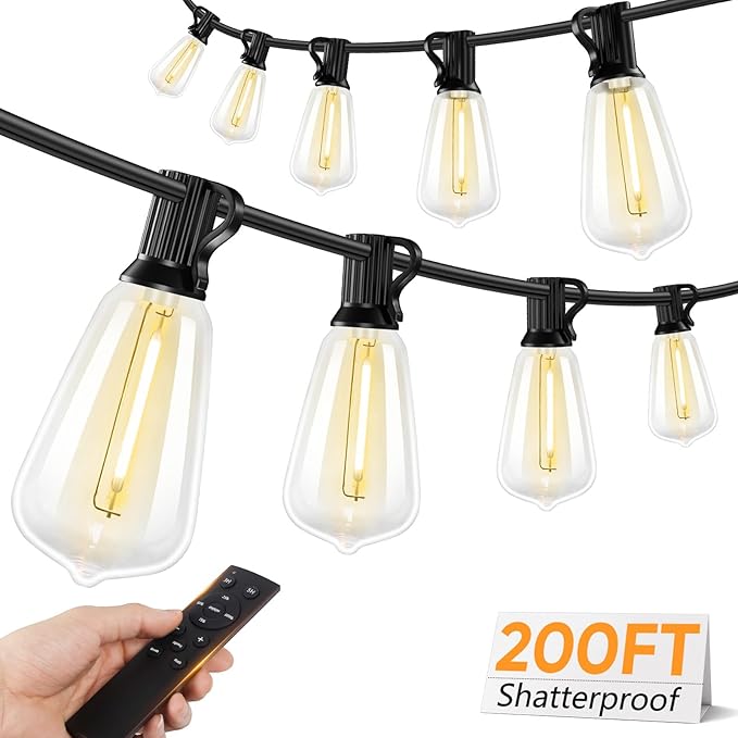 Outdoor String Lights with Remote, 200FT LED Patio Lights with 62 ST38 Shatterproof Vintage Bulbs, Dimmable String Lights for Outside, Waterproof IP65 Outdoor Lighting for Balcony, Camping