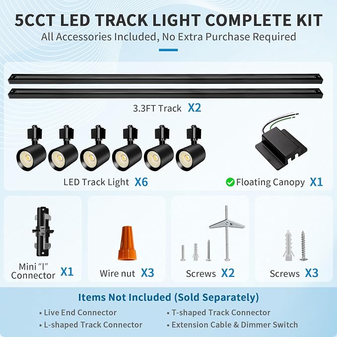 5-Color 6-Light LED Track Lighting Kit with 6.6FT H Type Track Lighting Rail, Dimmable Track Lights with Floating Canopy, Ceiling Spot Light Flicker Free, CRI90+, 36° Beam 10W 800lm, Black