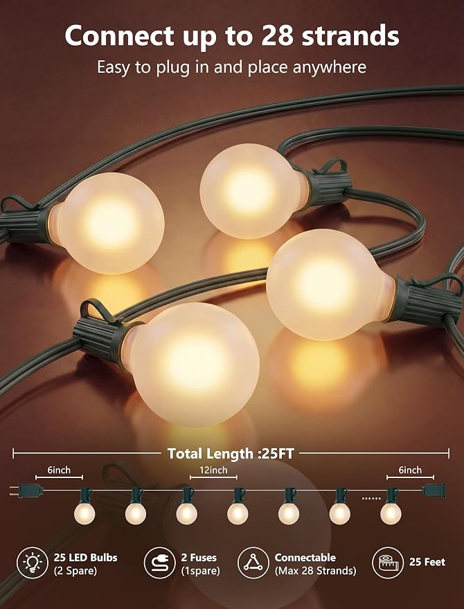 25Ft Outdoor Christmas Lights, Dimmable G40 LED Patio String Lights with 27 Frosted White Globe Bulbs, Green Wire Outdoor Christmas Decorations Lights Waterproof for Wedding Party Porch Backyard