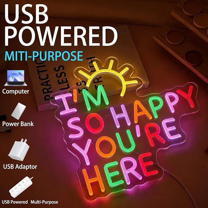 I'm So Happy You're Here Neon Sign Dimmable Letter Positive Affirmation Neon Light USB Powered Colorful Welcome Light Up Sign for Classroom Wedding Party Store Home Wall Art Decor
