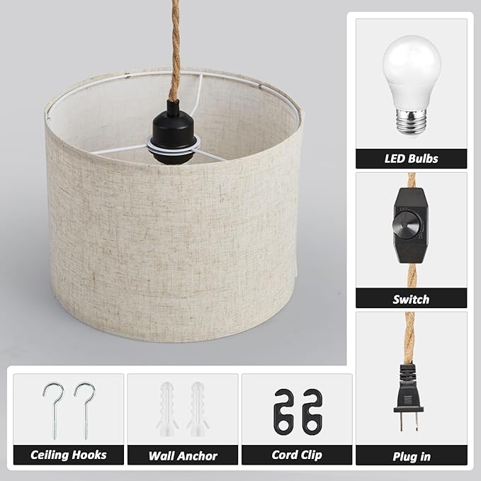 Plug in Pendant Light, Hanging Light with Plug in Cord with Dimmable Switch, Hanging Lamp with 15ft Hemp Rope, Beige Linen Shade, Fixture for Bedroom, Living Room 2 Pack