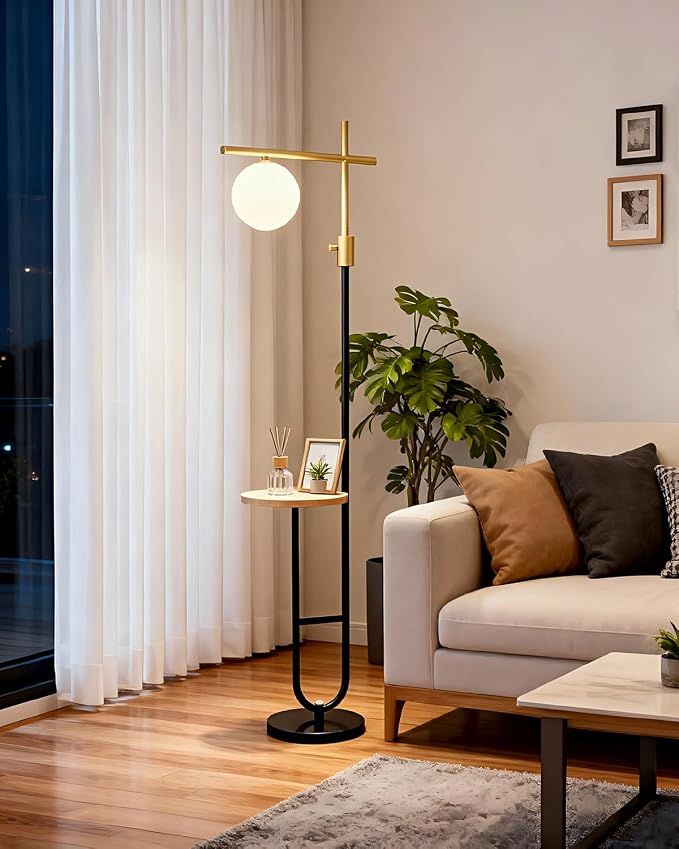 Lightdot 66IN Gold&Black Dimmable Floor Lamps with Table, Modern Standing Tall Lamp with Globe Shade, Cross-Shaped Head and U-Pole Base for Living Room/Bedroom/Sofa Beside/Corner Decor(Bulb Included)