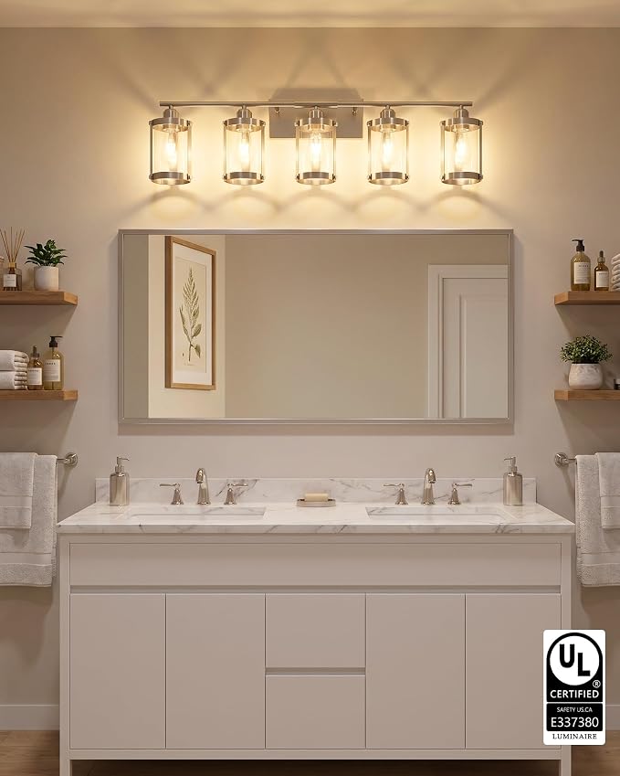 5-Light Brushed Nickel Bathroom Light Fixtures Over Mirror with Clear Glass and Metal Cage Shade, 38" UL-Listed Modern Farmhouse Wall Sconce for Bath, Hardwire E26, OS-3014BN-5W