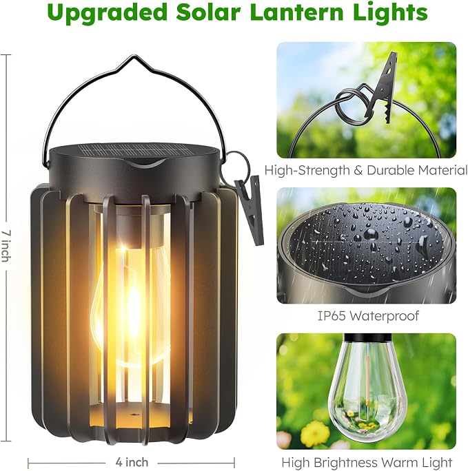 2 Pack Solar Lanterns Outdoor Waterproof, Metal Hanging Lantern, Black | 12-Hr Runtime Outdoor Solar Lantern, Auto On At Dusk, High Bright Hanging Solar Lights for Garden Porch Patio Yard Decor