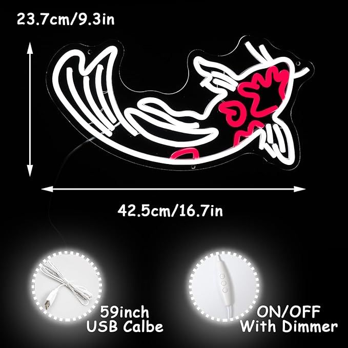 Koi Fish Neon Sign for Wall Decor Koi Carp Neon Light Japanese Fish Led Neon Signs White Red LED Neon Lights Lucky Sign 16.7”x9.3” for Bedroom Hotel Store Decoration