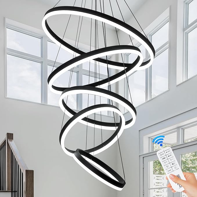5-Rings Modern LED Chandelier Black Dimmable High Ceiling Chandelier for Dining Room with Remote Control for Foyer Living Room Entryway Staircase(D23.6’’, 3000K-6500K)