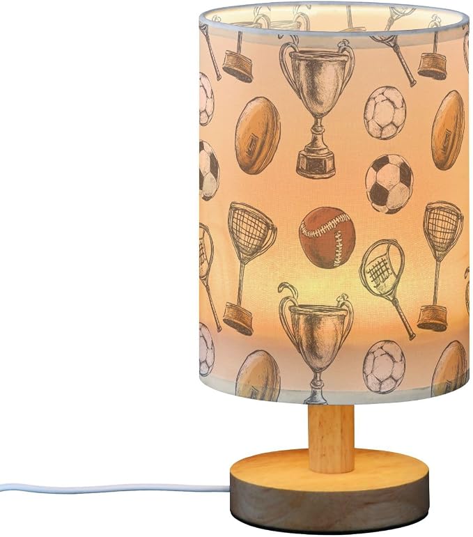 Fustylead Vintage Style Sports Equipment Bedside Lamps for Night Stands, USB Port with Button Switch, Study Linen Shade with Wooden Base Eye-Caring Warm Light Desk Lamp for Kids Room Bedroom