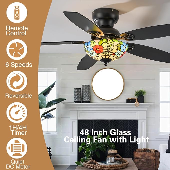Tiffany Ceiling Fans with Lights-48"Ceiling Fan Chandelier and Glass Shade | 48" Ceiling Fan Chandelier with 5 Dual-Blades and Glass Shade, 6 Speeds and Reversible, Indoor and Outdoor, Retro Style