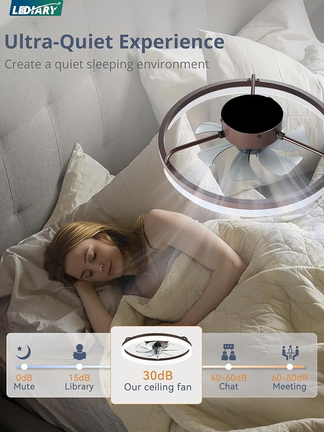LEDIARY 20" Low Profile Ceiling Fans with Lights, APP & Remote, Brown | Flush Mount, Dimmable LED, Quiet DC Motor, Reversible, 6 Speeds, Fandelier, for Bedroom