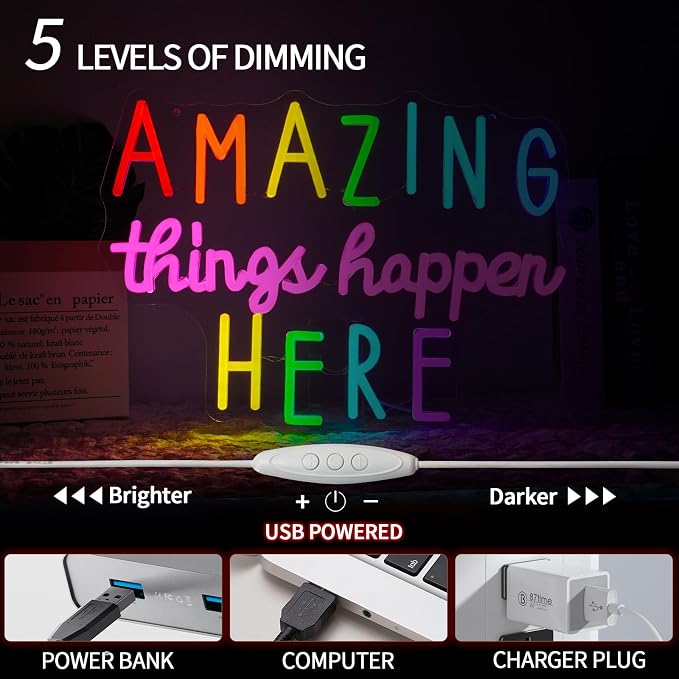 Amazing Things Happen Here Neon Sign Dimmable Positive Letters Neon Light Sign for Wall Decor Colorful Led Sign for Bedroom Cafe Bar Classroom Party Decor Birthday Gift 16.5" x 12"