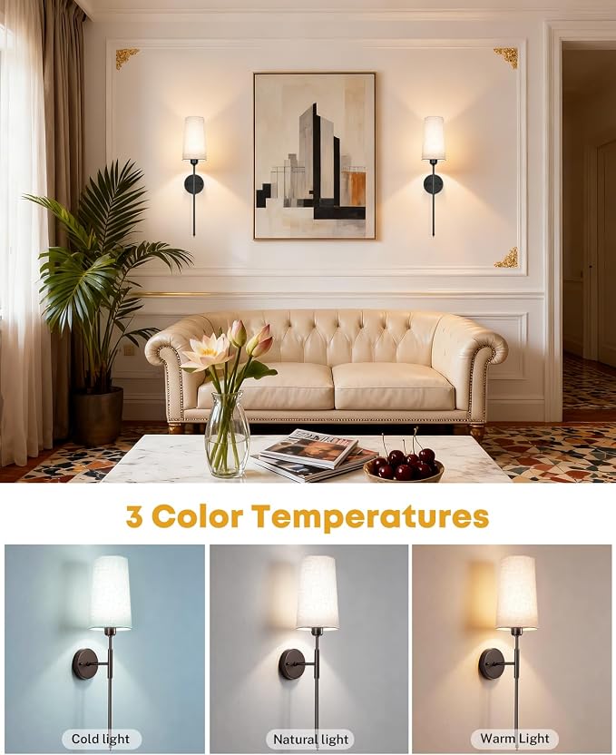 Battery Operated Wall Sconce Set of 2, 13000mAh Rechargeable Battery Powered Sconces with Remote Dimmable Fabric Shade Wireless Sconces Fixture for Bedroom Living Room