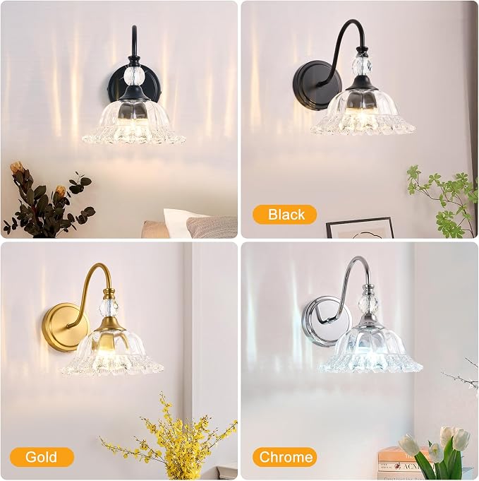 Vintage Bathroom Vanity Light Fixtures Matte Black Wall Sconces with Floral Crystal Glass Shade Wall Lights for Bathroom Bedroom Living Room Hallway Wall Decor(Exclude E26 Bulb)