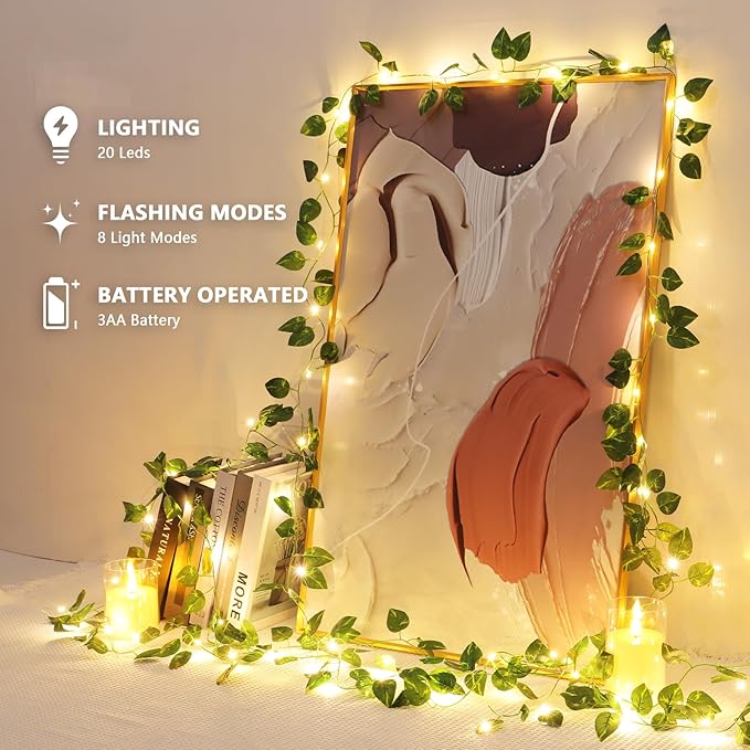 Vines with Lights Battery Operated, 6.56ft 20 LED Pothos with Fairy Lights, Leaf Lights with 8 Modes, Fake Vines Ivy String Lights for Bedroom, Wall, Room, Garden, Party Decor, 4 Pack