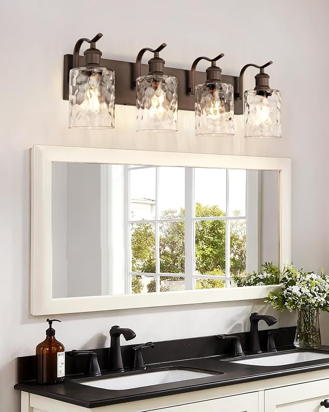 4-Light Bathroom Vanity Light,Hammered Glass,Oil Rubbed Bronze | 27 Inch Over Mirror Wall Light,E26 sockets,for bathroom mirror,powder room,dressing area