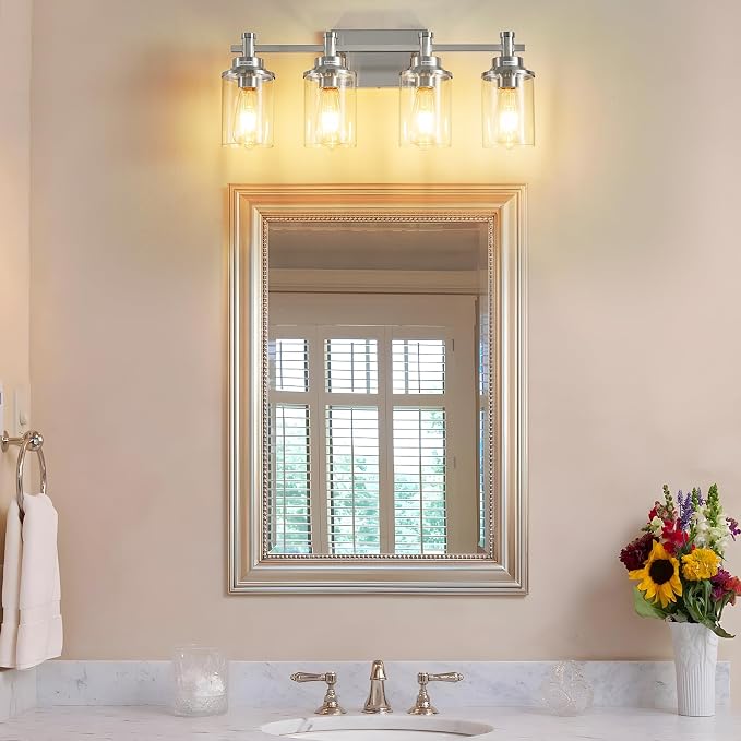 Brushed Nickel 4-Light Bathroom Vanity Light Fixtures Over Mirror, Modern Wall Sconce with Clear Glass Shade for Hallway
