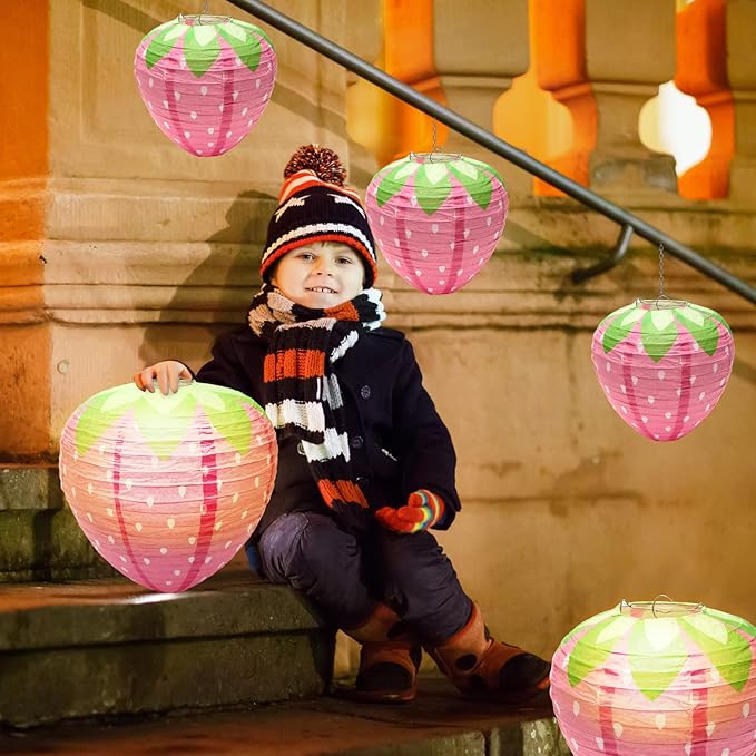 4 PCS Strawberry Paper Lantern Pink, Windspeed Large Strawberry Lantern Decorations Hanging Paper Lantern for Strawberry Party Decor 3D Strawberry Paper Lanterns 8 inch, 12 inch