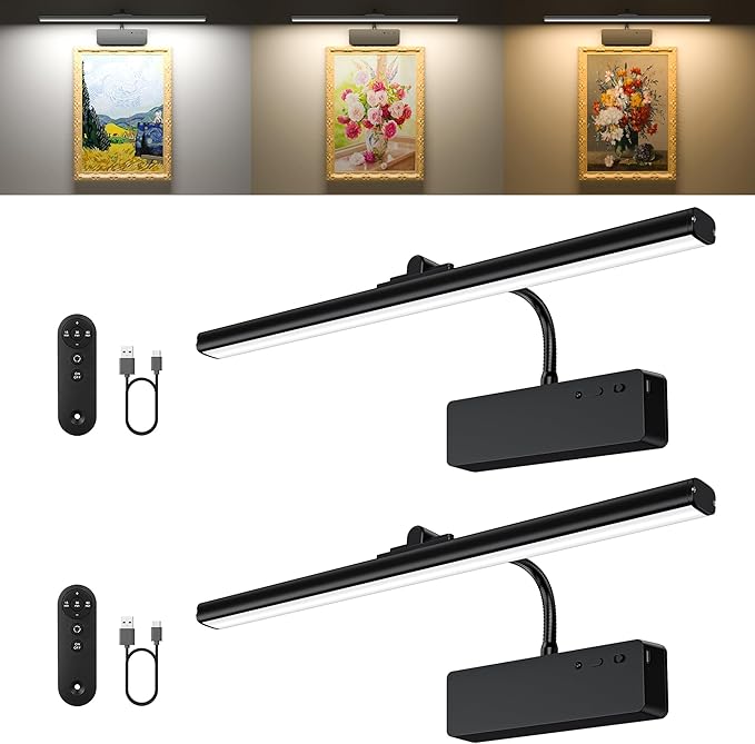 Picture Light, 15.35inch Picture Lights for Wall Rechargeable, Battery Lights for Pictures on Wall, 3 Color Art Lighting for Paintings with Timer and Dimmable Artwork Display (Black-2PCS)