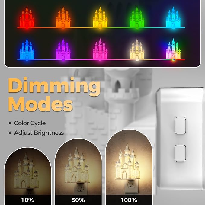 Night Lights Plug into Wall,3D Printed Castle RGB Night Light | 10-Color Change NightLight, 3 Level Brightness Adjustable Dimmable Nightlights with Dusk to Dawn Sensor for Bathroom Hallway