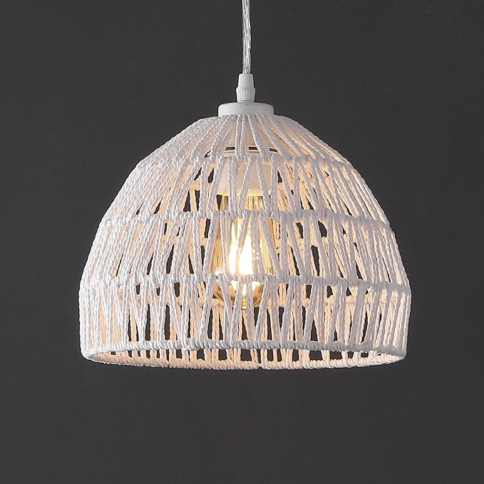 JONATHAN Y Campana 1-Light Pendant Dome Ceiling Lamp, 10.25", White | Modern Coastal Farmhouse Decor, Adjustable Height, Woven Rope Metal Frame, LED Bulb Included, UL Listed