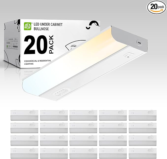 ASD 20 Pack 9 Inch Hardwired LED Under Cabinet Lights, On/Off & 5CCT Switch 2700K-5000K, 4W 337LM CRI90+, Direct Wire Low Profile Linkable Fixture, Dimmable Under Counter Kitchen Lighting, White, UL