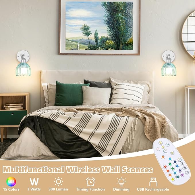 Vintage Battery Operated Wall Sconce, Sky Blue Tulip Glass Lampshade Wireless Rechargeable Battery Powered LED Wall Light with Remote Dimmable for Bedside Bedroom Living Room, Silver, Set of 2