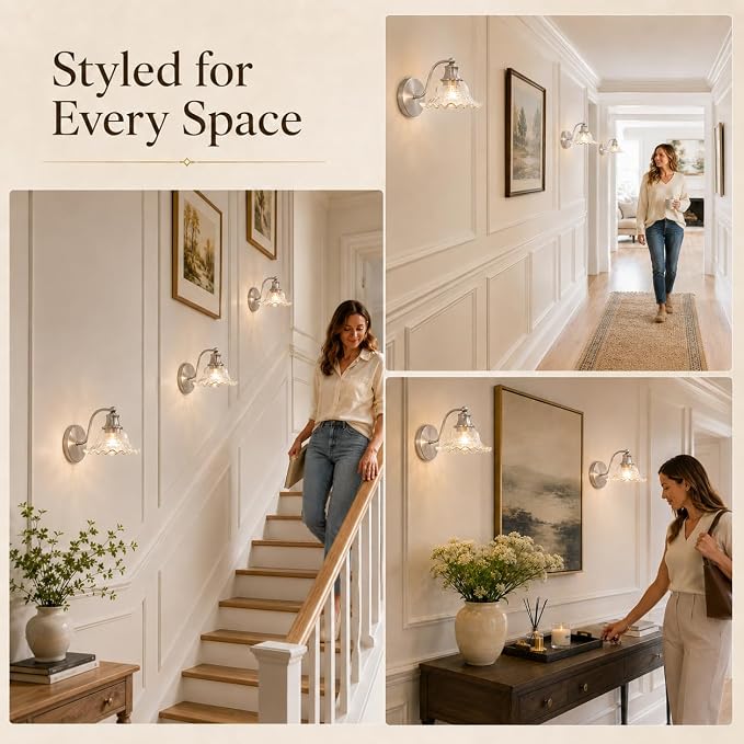 Brushed Nickel Bathroom Wall Sconce Vintage Style, E26 Easy Mounted | Vanity Light with Flower Glass Shade, Bathroom Wall Lighting Fixture Beside Mirror, Easy Mounted for Bedroom, Hallway