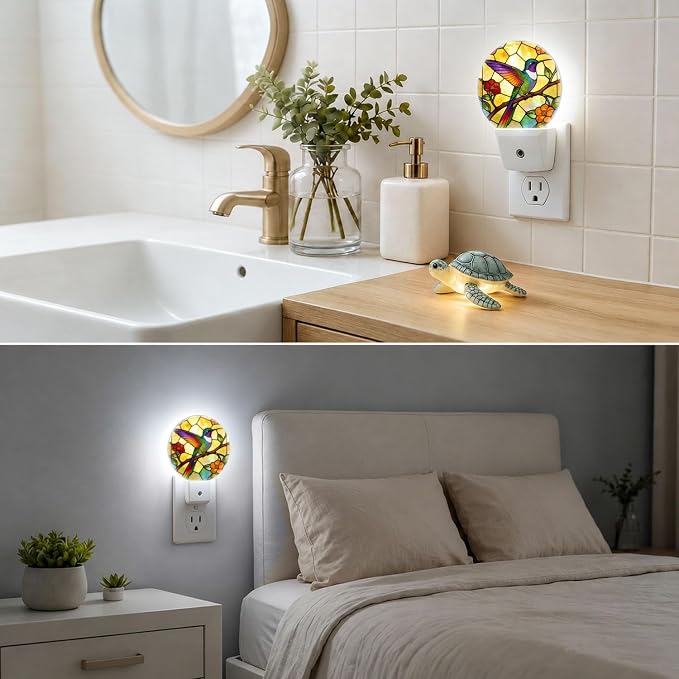 Decorative Night Lights Stained Glass Hummingbird Plug-in Nightlight | Retro Vintage Night Lights Plug into Wall LED Lamp Dusk-to-Dawn Auto Sensor for Bedroom Kitchen Toilet Hallway, Energy Saving