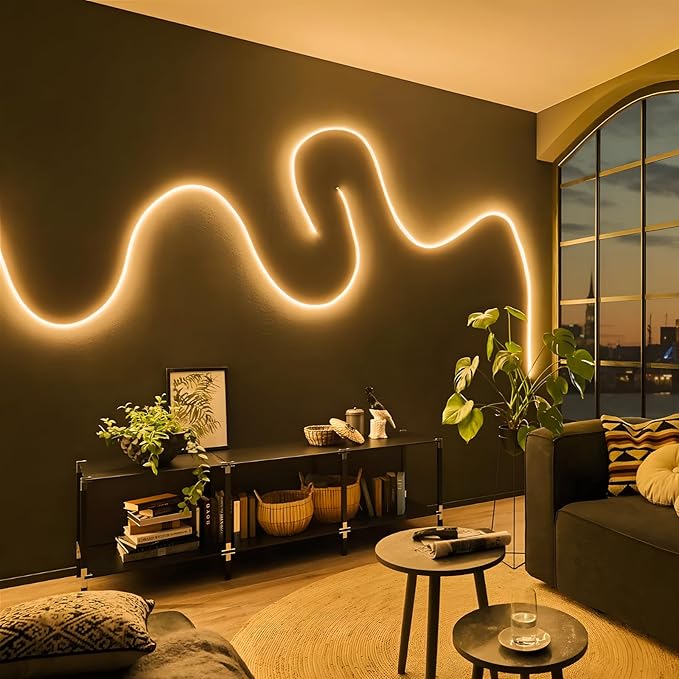 LED Neon Lights, 12V Warm White Dimmable LED Strip Lights, 16.4ft/5m Waterproof LED Neon Rope Lights, 3000K Neon LED Strip for Bedroom Indoor Home Decor (Power Adapter Included)