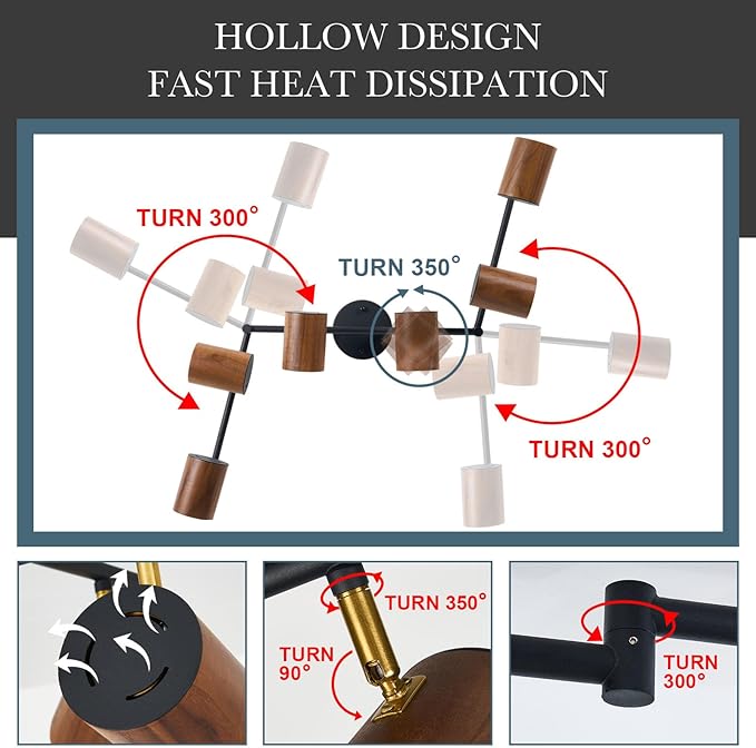 Modern 6-Light Track Lighting, 47 inch, Real Wood Adjustable Light Heads, Brass Accent, Matte Black Ceiling Track Lights for Dining Room, Living Room, Kitchen
