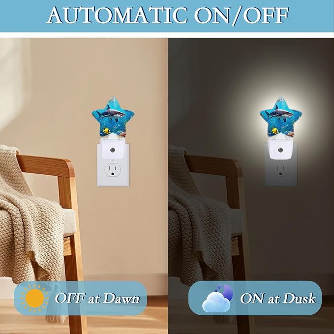 Shark Night Light,Undersea Fishes Plug-in Dusk to Dawn Smart Sensor Nightlight for Bathroom Bedroom Hallway Kitchen Stairs Energy Efficient Decor Desk Lamp