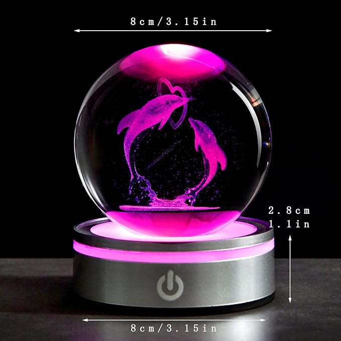 80mm 3D Laser Engraved Dolphin Crystal Ball, Romantic Dolphin & Heart LED Night Light, Sea Animal Figurines Decor Glass Sphere Lamp Gifts for Women Kids Mom