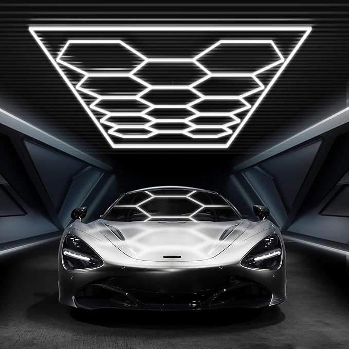 Hexagon Garage Lights with Rectangle Frame, High Brightness 672W 86400LM 6500K, 14 Hex Grid for Garage, Shop, Basement, Car Detailing Shop etc. with Mounting Clip